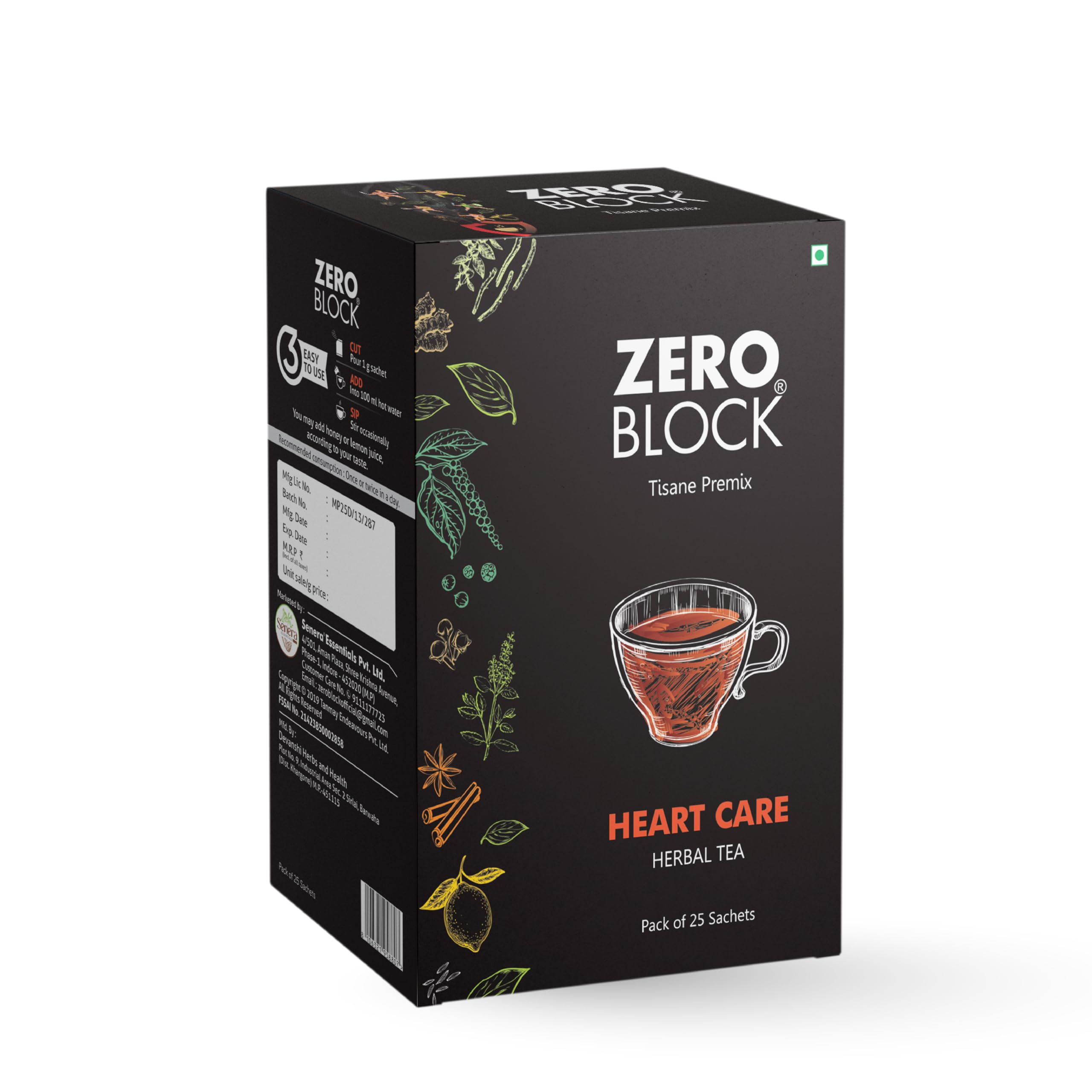 

SENERA Zero Block Heart-Care Herbal Tea - 25-Sachet Tisane Premix (Arjuna, Cinnamon, Ashwagandha, Mulethi, Lemon, Ginger & Green Tea) - Hea