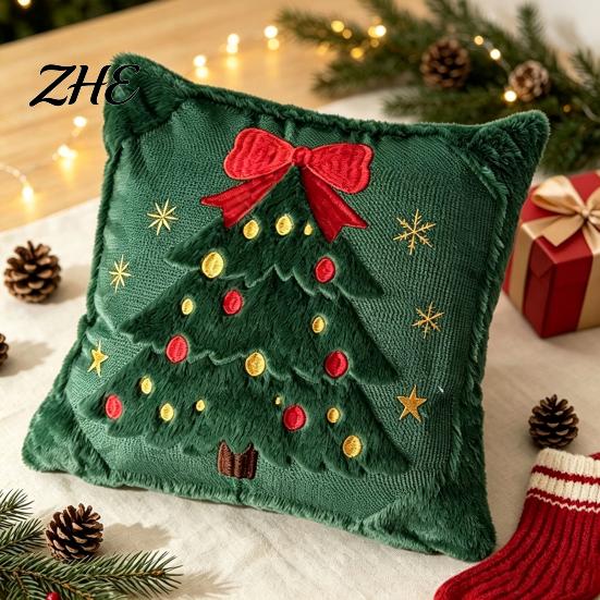 Cozy Knitted Plush Pillow Covers Christmas Pillowcase, 3D Embroidered Design Soft Throw Decorative Cases Cover, Cushion Cover for Holiday Home