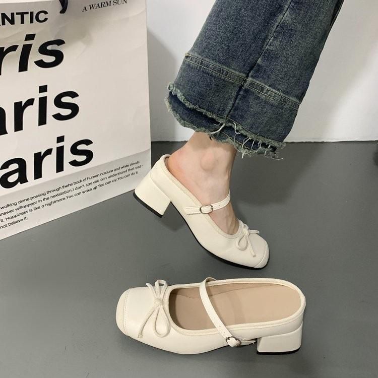 Silver Thick Heel Bow Half Slippers Women's Summer 2025 New Mary Jane Outer Wear Versatile One-word Bag Head Sandals