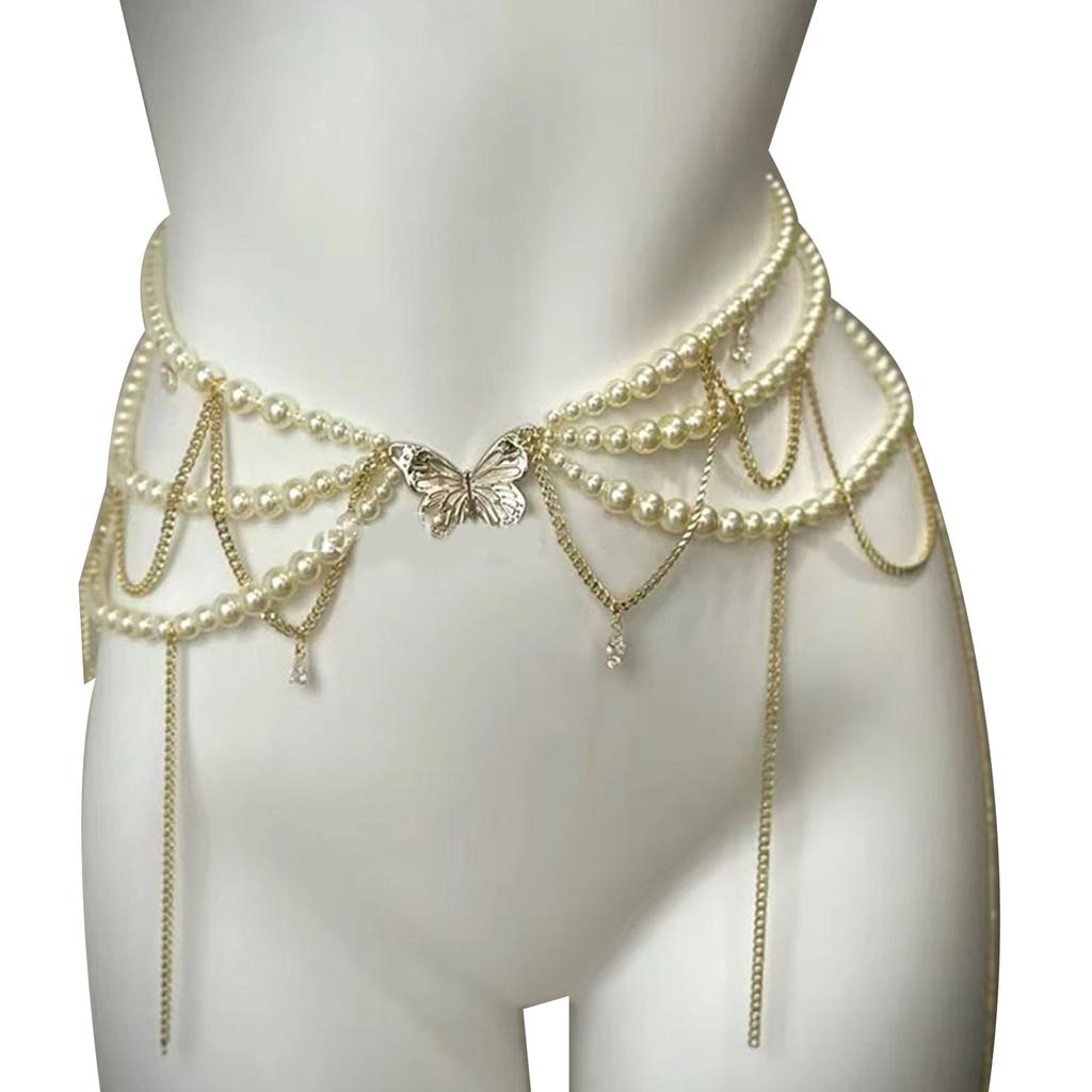 Elegant Tassel Floral Pearl Layered Waist Chain Multilayer Body Chain Decorative Belly Decor for Fashion Forward Women