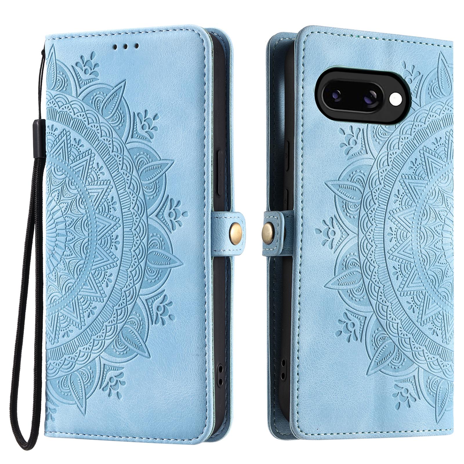 

Style 016 For Google Pixel 9a Case Skin Feel Totem Imprinted Wallet Leather Phone Cover Lake Blue