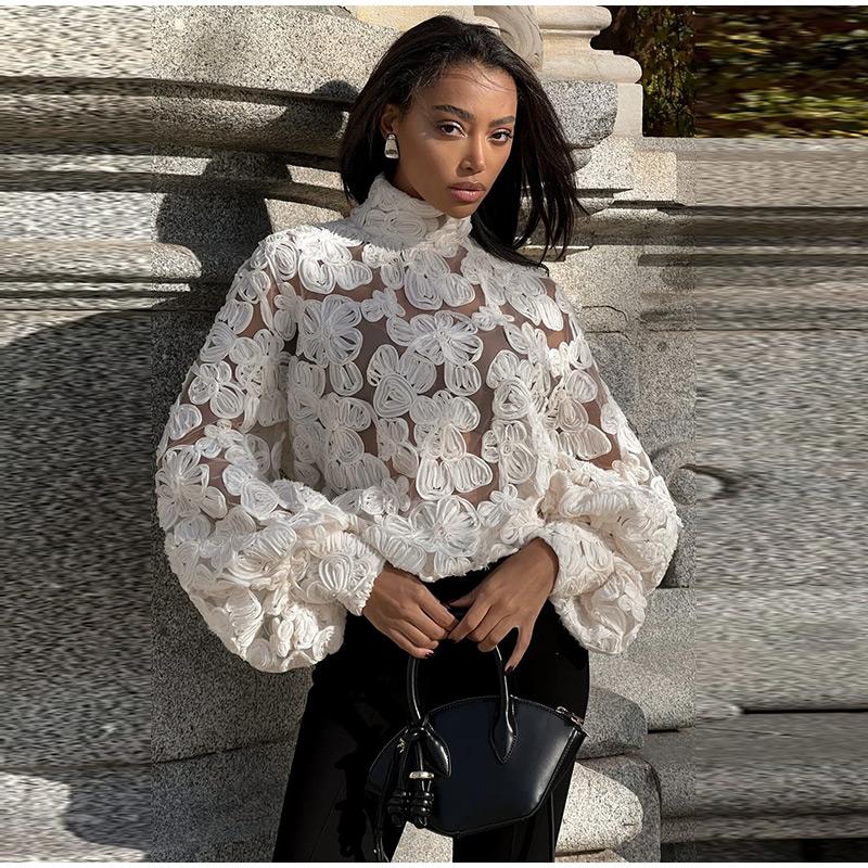 High Neck Stereo Flower Shirt Lace Hollow Out Top Perspective Organza Long Sleeved Trendy French Blouse Smock Women