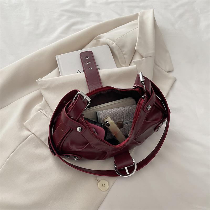 Vintage Y2k Rivet Belt Design Women Pu Shoulder Bags Solid Color Ladies Crossbody Bag Casual Female Hobos Handbags Purse