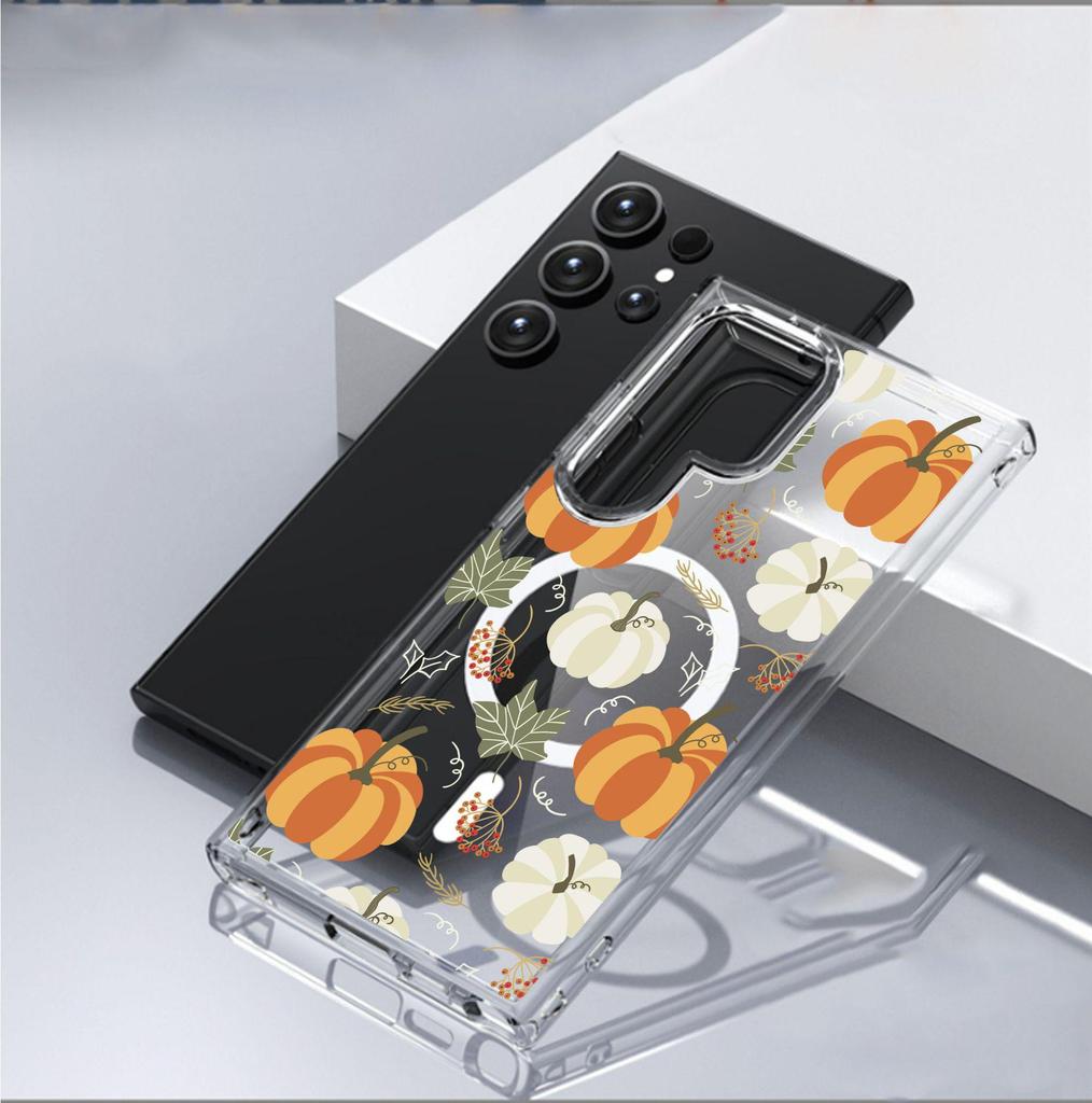 Color Block Pumpkin Magnetic Phone Case for iPhone 15/16/17 Pro Max - Transparent, Full Coverage Protection