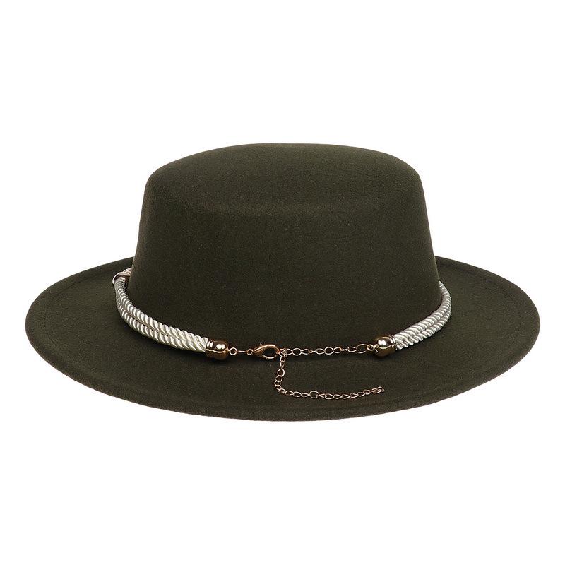 Women's Wool Felt Flat Top Fedora Hat - French Autumn/Winter Retro Style with Chain