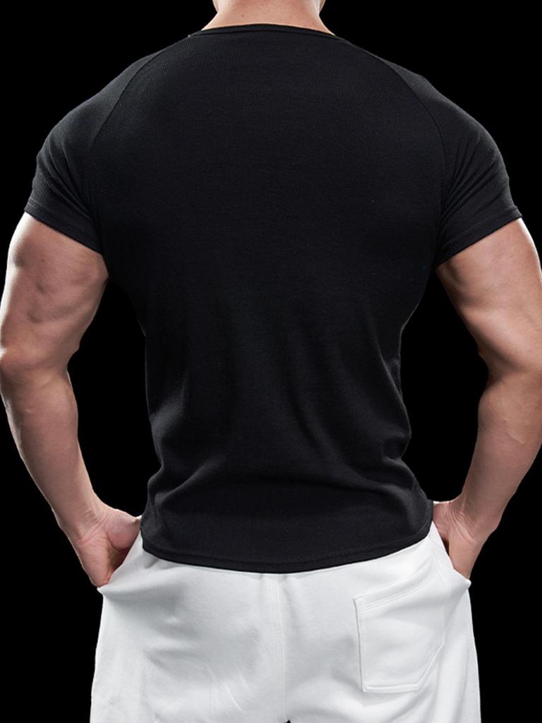 2024 Men's Semi-Tight Henley Fitness Shirt - Solid Color Striped Stretch Short Sleeve Athletic Top
