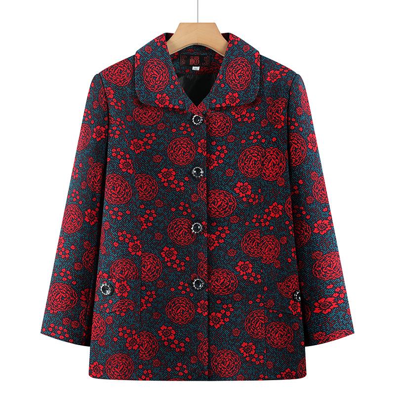 2026 Plus Size Printed Jacket for Middle-aged and Elderly Women, Spring/Autumn, Loose & Slimming, Lapel Top