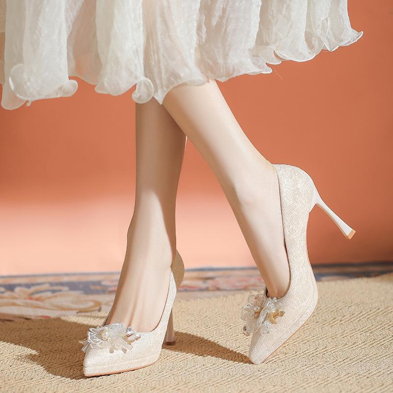 Champagne Fine Flash Waterproof Table High Heels Female Bride Wedding Dress Two Wear Thin Heels Thick Sole Not Tired Feet High Heels