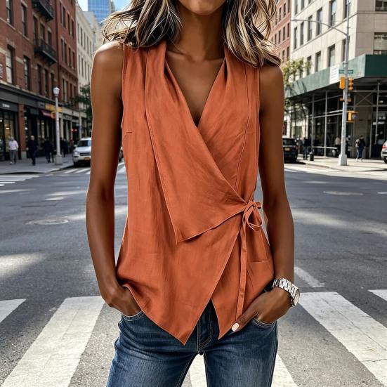 Women Vest Lapel V-Neck Sleeveless Shirt Tops Side Bandage Regular Fit Casual Tops for Work Parties Dates Vacation