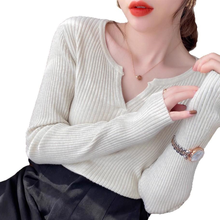 Autumn and Winter New Slim-fit V-neck Long-sleeved Knitted Sweater Autumn Foreign-style Sweater Women's Sweater