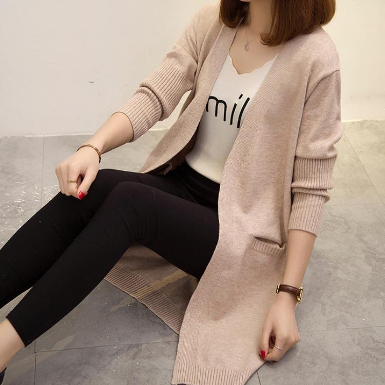 Cardigan Tricotat Lungime Medie Femei Pulover Coreean Larg Stil Lazy Culoare Solidă Jachetă Pulover cu Mâneci Lungi pentru Toamnă și Iarnă