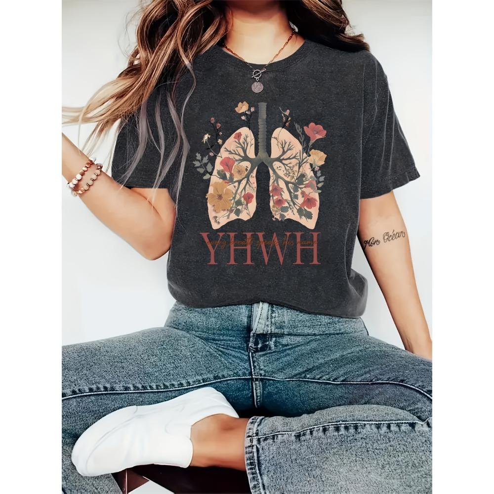 

Women Cotton Short Sleeves T-shirts Floral Lungs YHWH Women s Tee Faith Graphic Casual Olive Green Top S