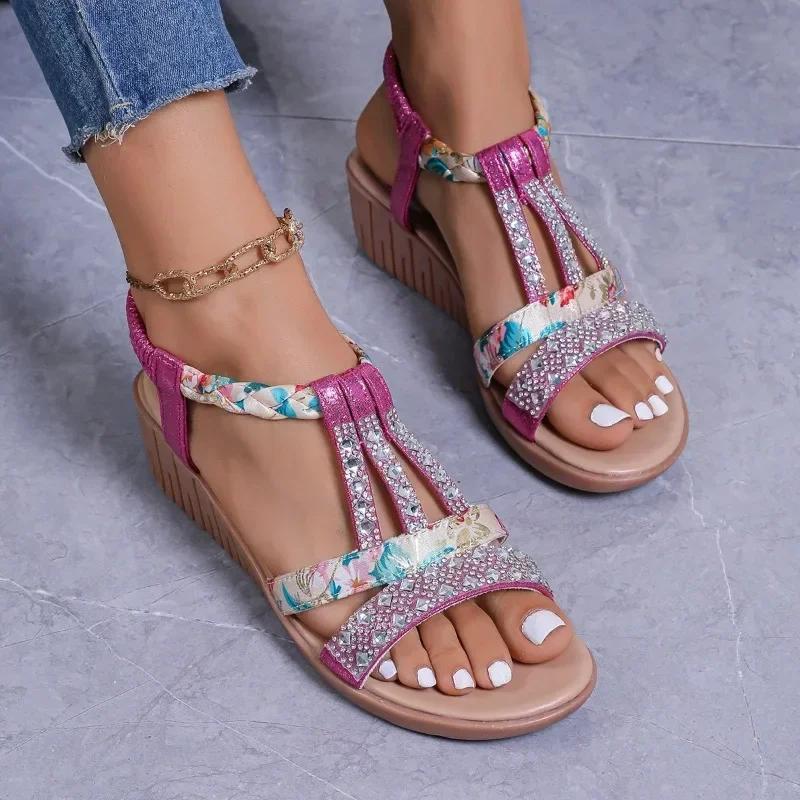 Fashion Shoes for Women 2024 Plus Size Women's Sandals Summer Casual Sandals Women Crystal Mixed Colors Elastic Band Wedge Shoes Ladies