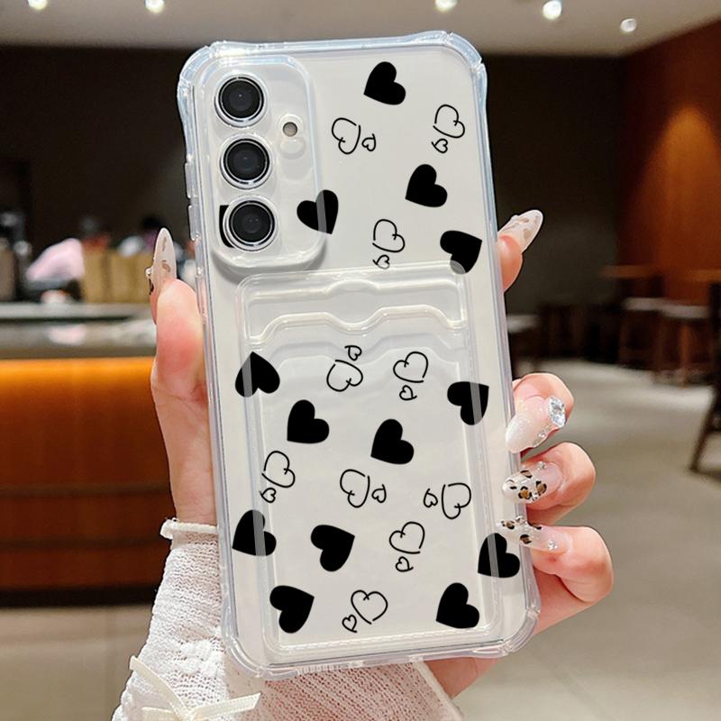 

Черный силиконовый чехол с принтом сердец любви и слотом для карт для Samsung S24 FE S23 Ultra S22 A16 A55 A54 A35 A15 A34 A14, прозрачный тонкий противоударный мягкий чехол для телефона Samsung A05S прозрачный