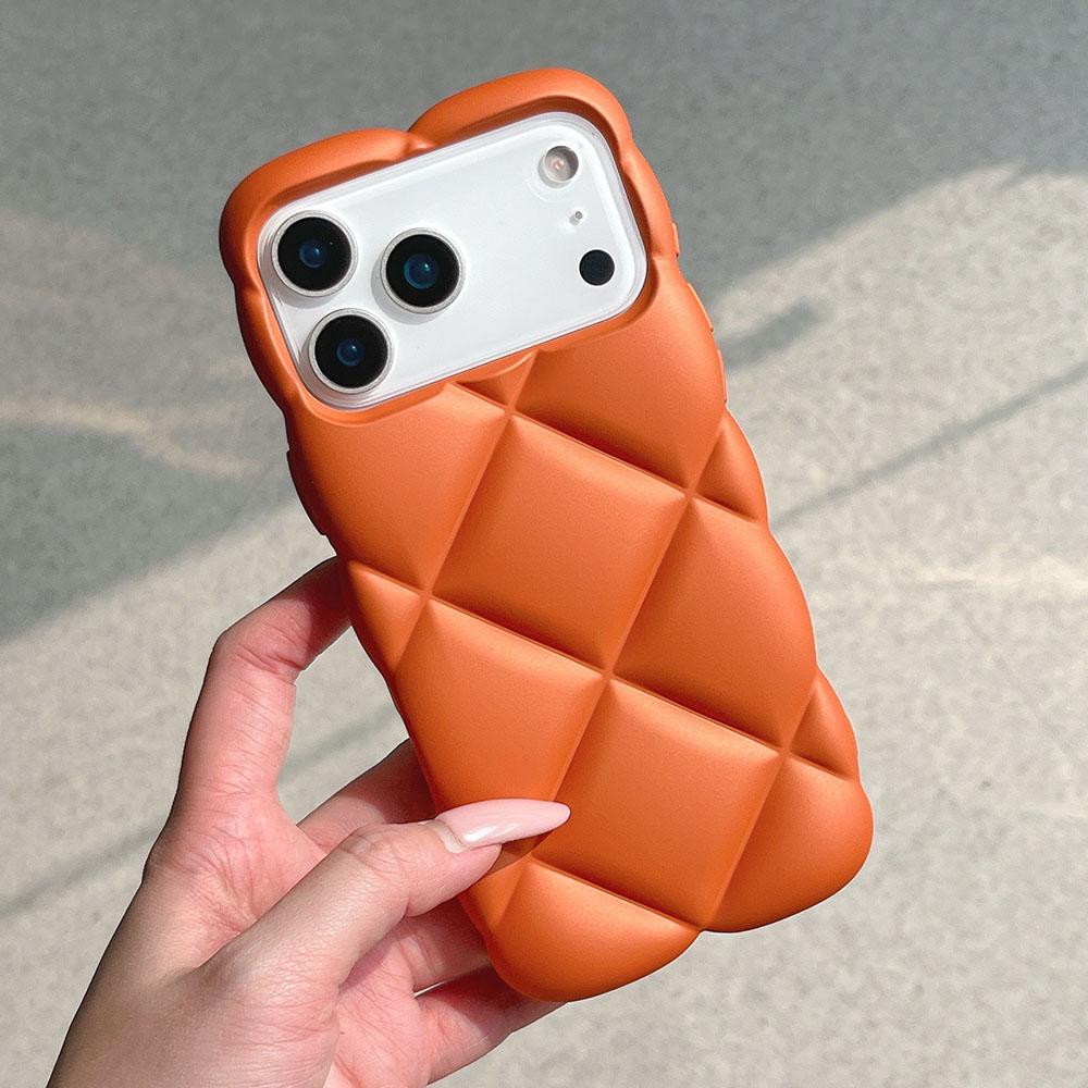 Matte Orange 3D Diamond Pattern Phone Case For iPhone 17 16 15 14 13 12 11 Pro Max Soft Shockproof Silicone Cover Girls