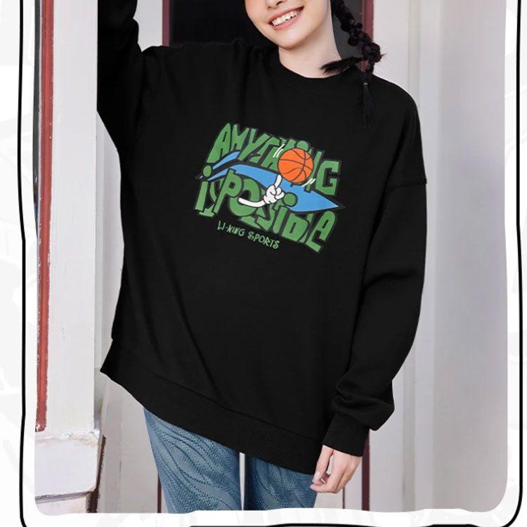 Li Ning Sports Life Collection Letter Print Thermal Fleece Lined Casual Crew Neck Pullover Sweatshirt Unisex Black AWDSG95-2