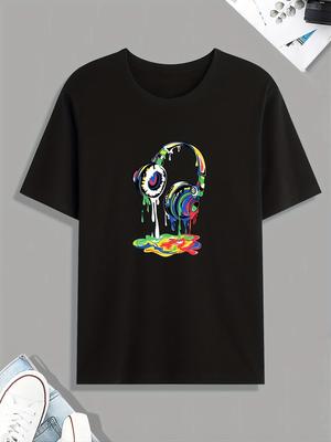 Dripping Color Headphones Graphic Tee Men Cotton Casual Short Sleeve O Neck TShirt