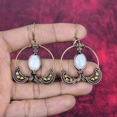 Rainbow Moonstone Earring Copper Wire Wrapped Earring Genuine Gemstone Earrings Very Pretty Copper Jewelry Handmade Earring Engagement Gifts