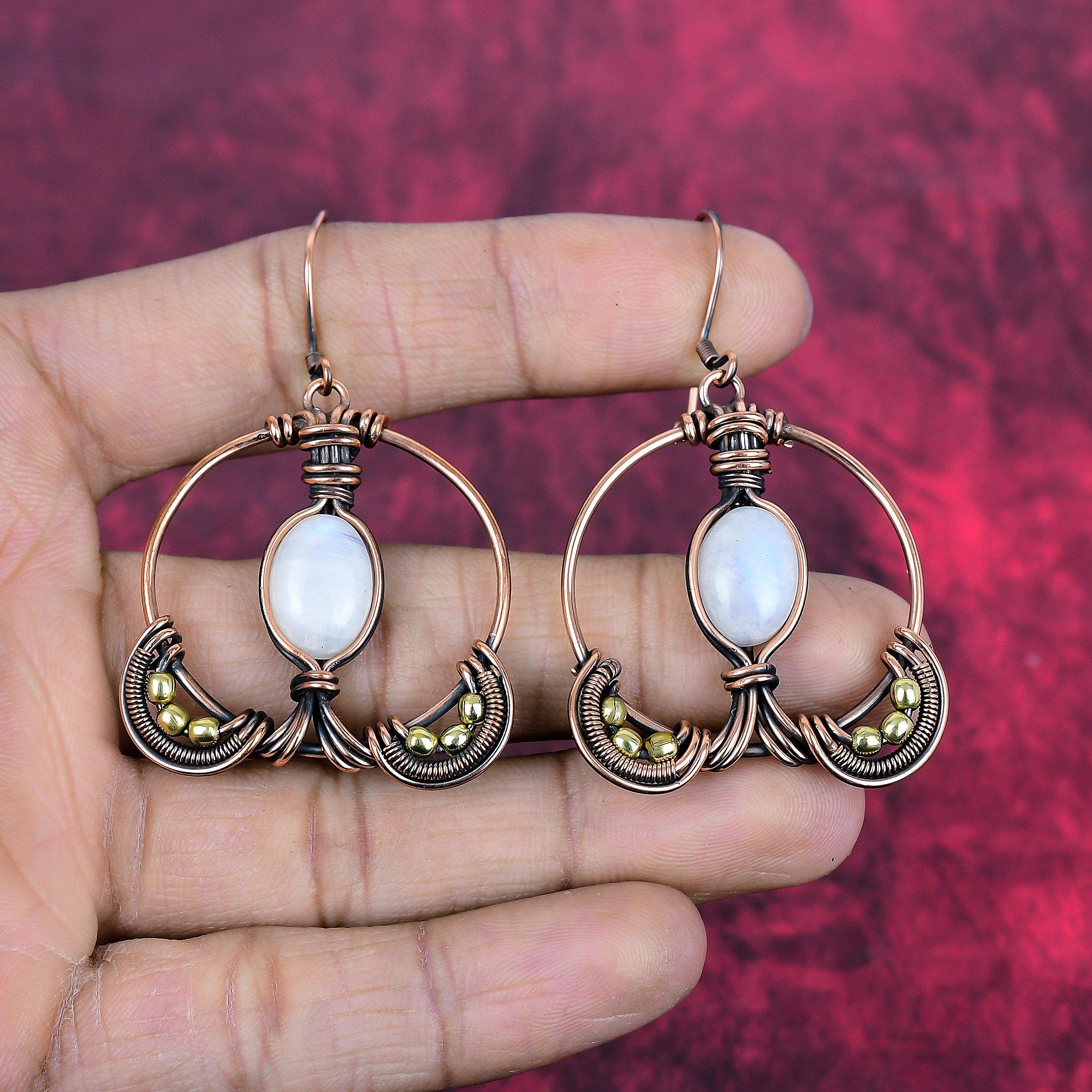 Rainbow moonstone earring copper wire wrapped earring genuine gemstone earrings very pretty copper jewelry handmade earring engagement gifts