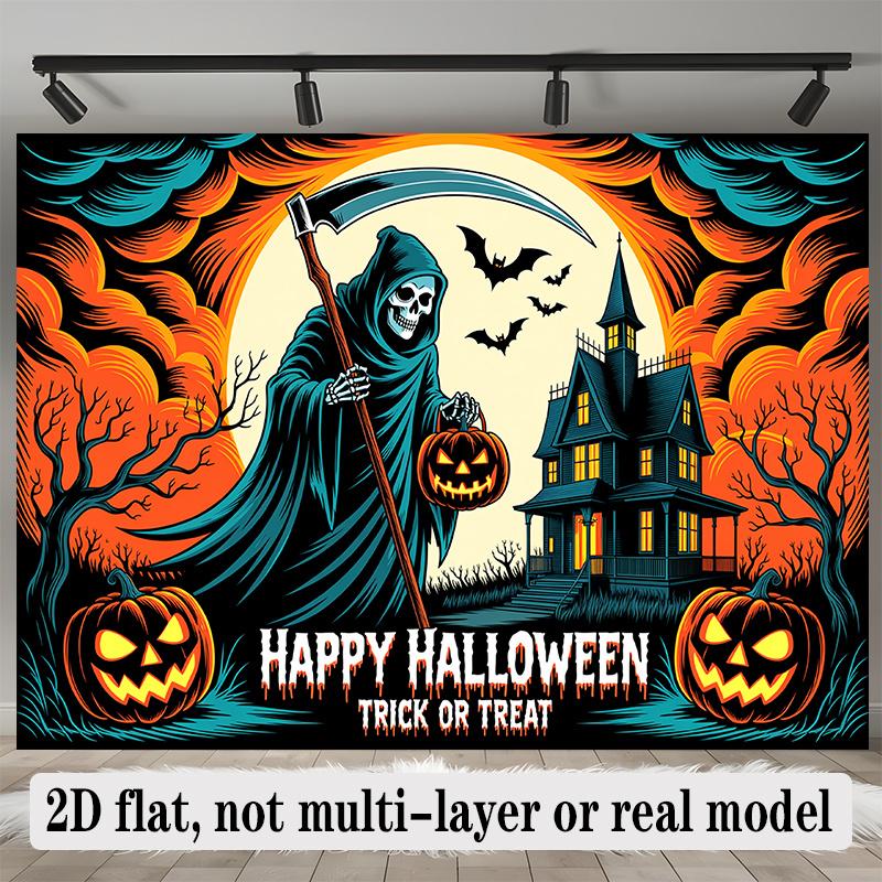 Party Backdrop Halloween Flat Banners Spooky Grim Reaper Haunted House Pumpkins Event Photo Background Front Door Decor