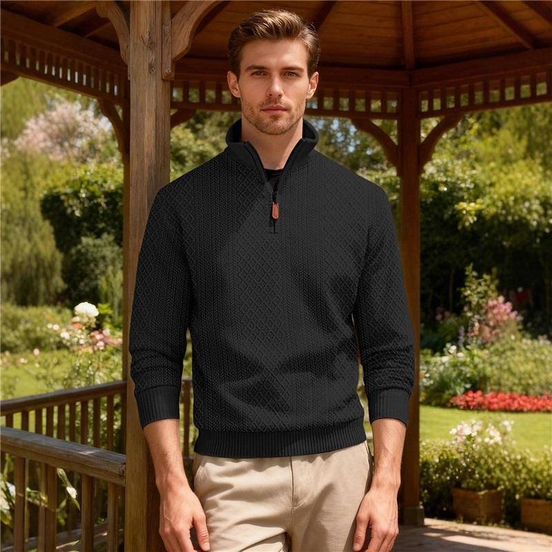 Men's Quarter Zip Pullover Sweater Diamond Jacquard Knit Stand Collar Long Sleeve Casual Sweatshirt For Business & Daily Wear