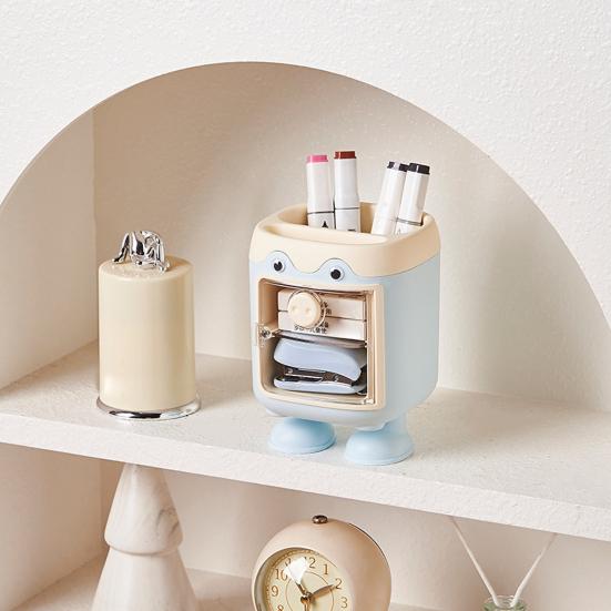 Cute Cartoon Pig Pen Holder Multi-Grid Desk Organizer with Drawer Multi-functional Cosmetic Makeup Brush Holder for Home Office School Supplies
