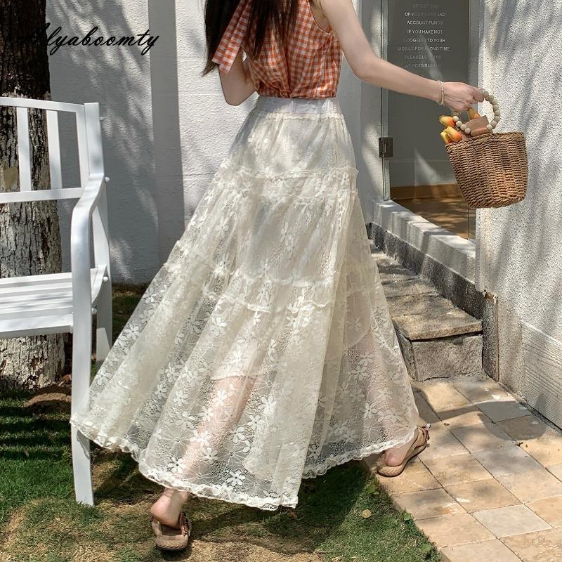 2026 Korean Fashion Spring Summer Women Midi Lace Skirt High Waist Black White Beige Floral Embroidery Skirt Elegant Feminine Tierred Skirts Womens