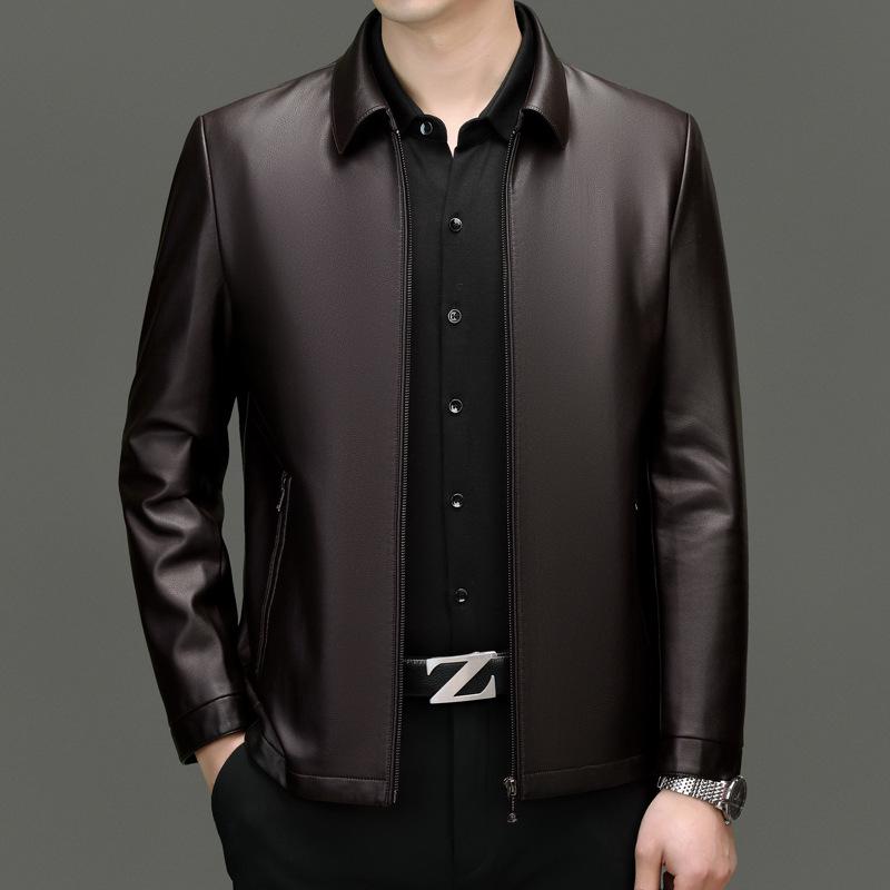 

Мужская куртка из высококачественной натуральной овчины, деловой кэжуал, воротник-стойка, на флисовой подкладке для мужчин среднего возраста. Brown Turn-Down Collar Fleece