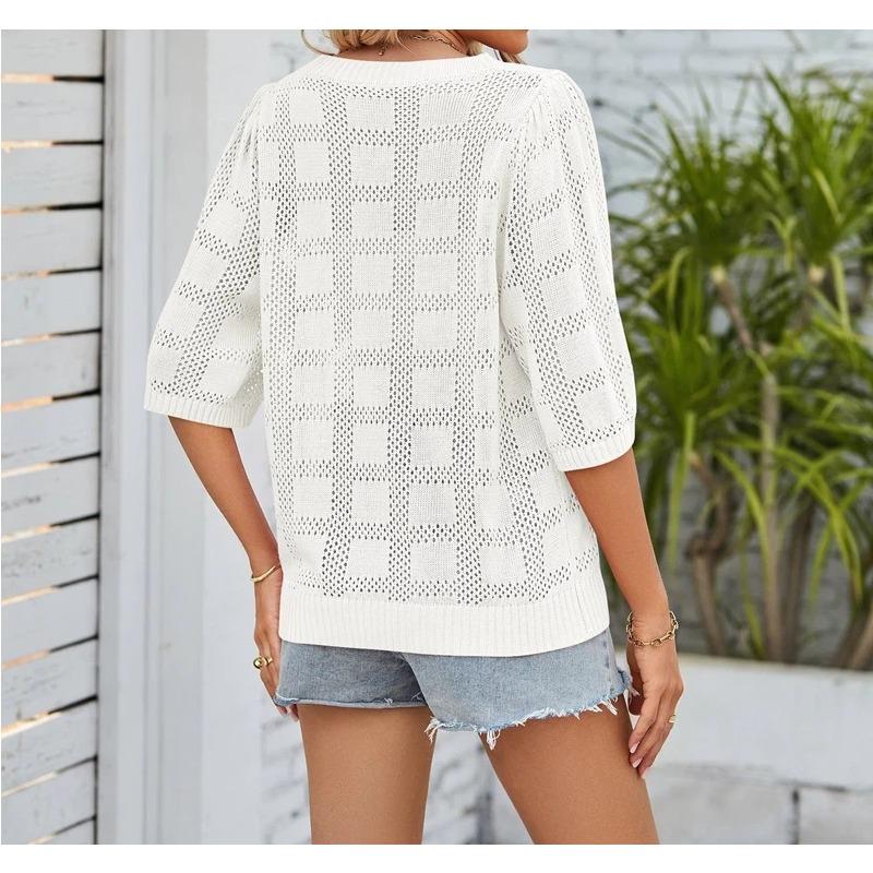 Neuer Sommer Damen Rundhals Hohl Sonnenschutzkleidung Gestrickter Pullover Bluse