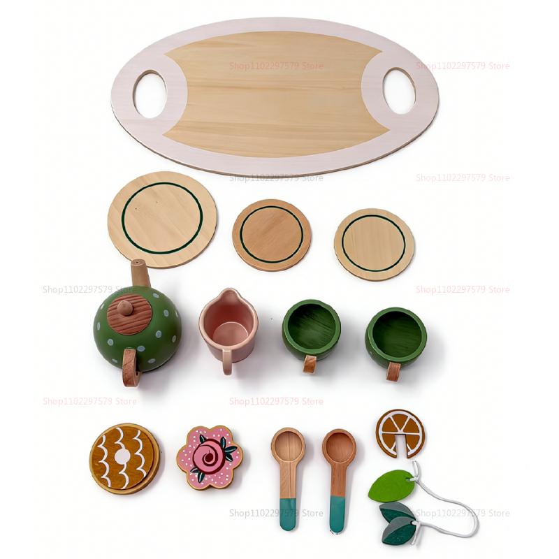Wooden Tea Set for Little Girls Play Food Pretend Play Kitchen Accessories for 3-5 Years Old Girls and Boys Tea Time Party Toys