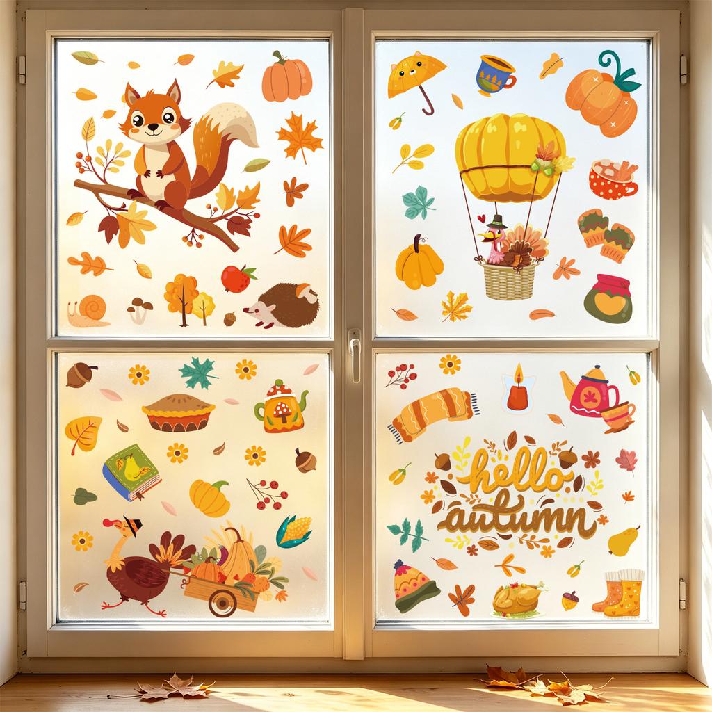 Thanksgiving Fall Maple Leaf Squirrel Turkey Pumpkin Static Cling Window Sticker Removable Glass Decor