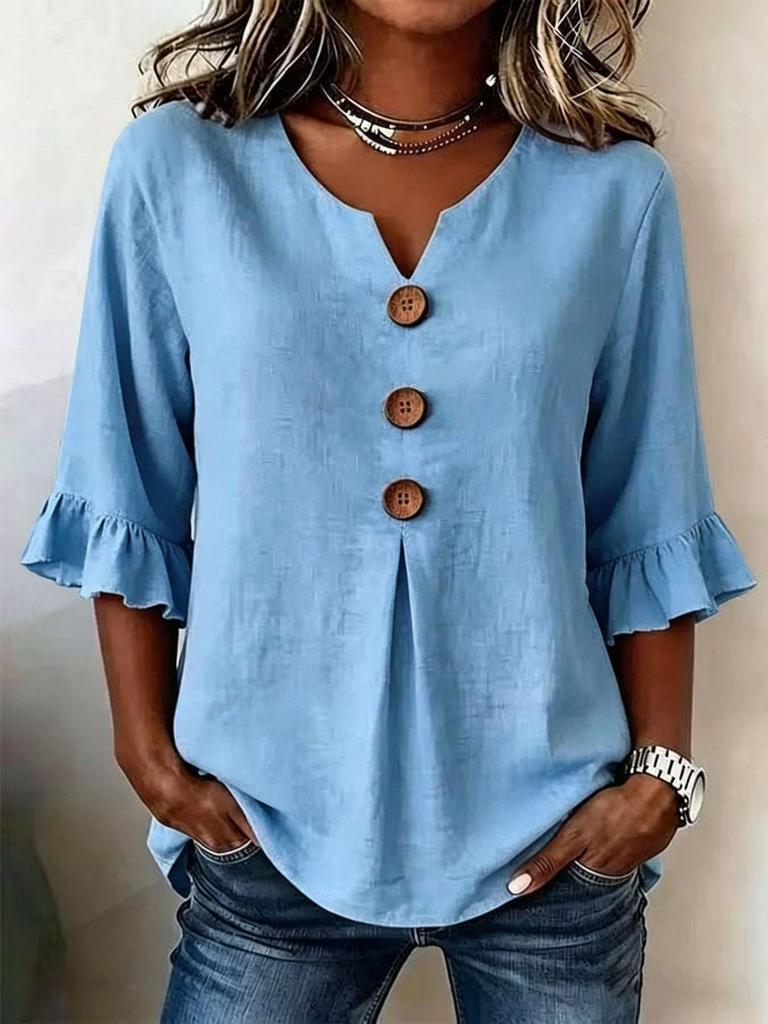 Abito Europeo in Cotone e Lino con Scollo a V, Bottone Grande e Maniche Arricciate per Donna - Collezione Primavera/Estate 2026