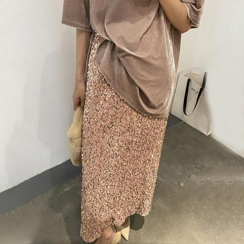 2025 High Waist Sequined Midi Skirt with Elastic Back Slit for Women