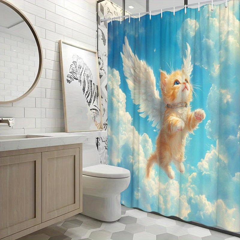 Angelic Kitten Shower Curtain - Feathery Orange Kitten, Blue Sky Design, Polyester, 70.8x70.8", Soft Fantasy Art, Washable