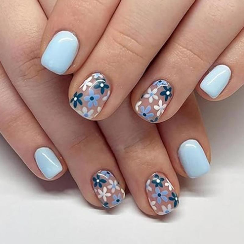 Square Press On Nail Flower Fake Nail Glues On Nail Artificial Acrylic Nail 12 Size 48pcs Stick On Nail for Women Girls
