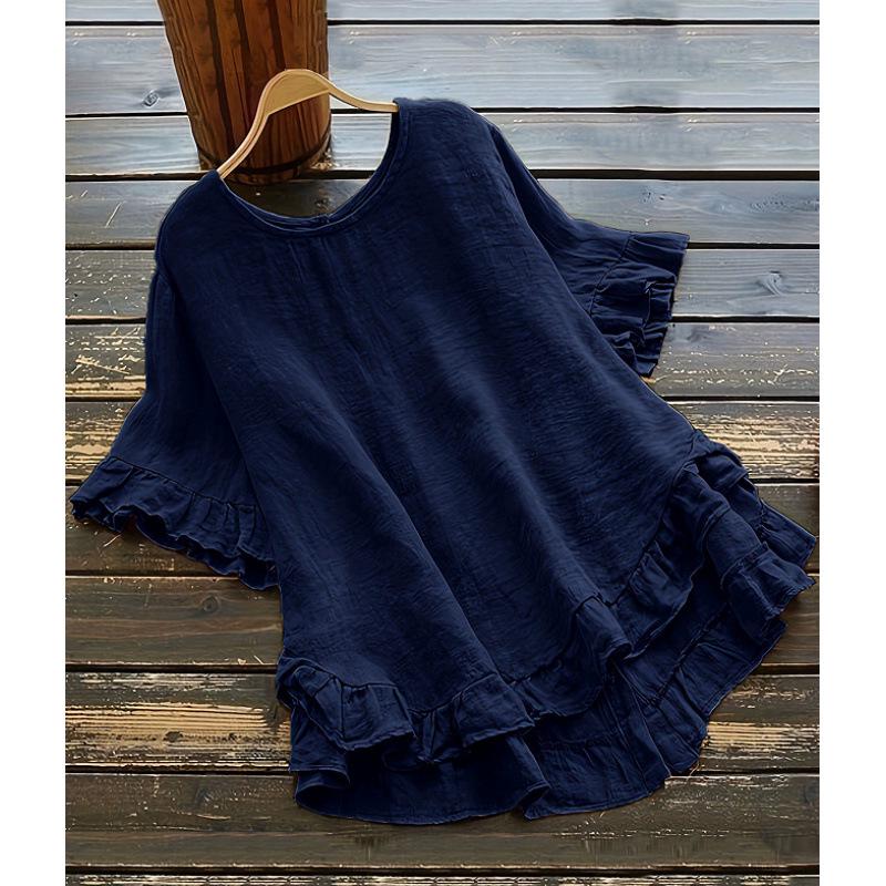 Plus Size Women's Ice Silk Pleated Ruffle Top with Flare Sleeves and Round Neck.
