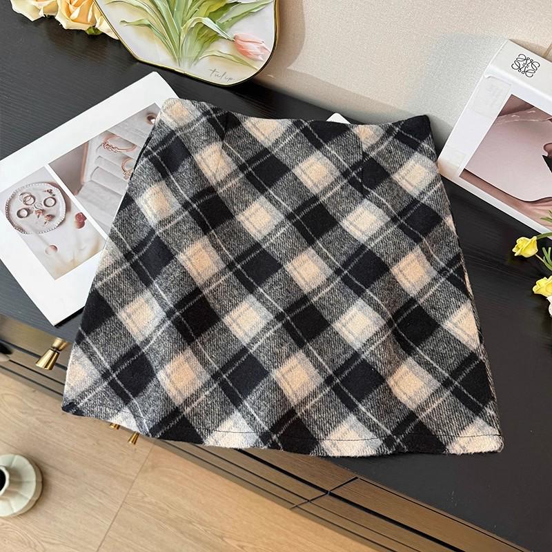 Women s Retro Color Block Plaid Wool High-Waist Slimming A-Line Mini Skirt - Autumn 2025 XS (70-85 jin)