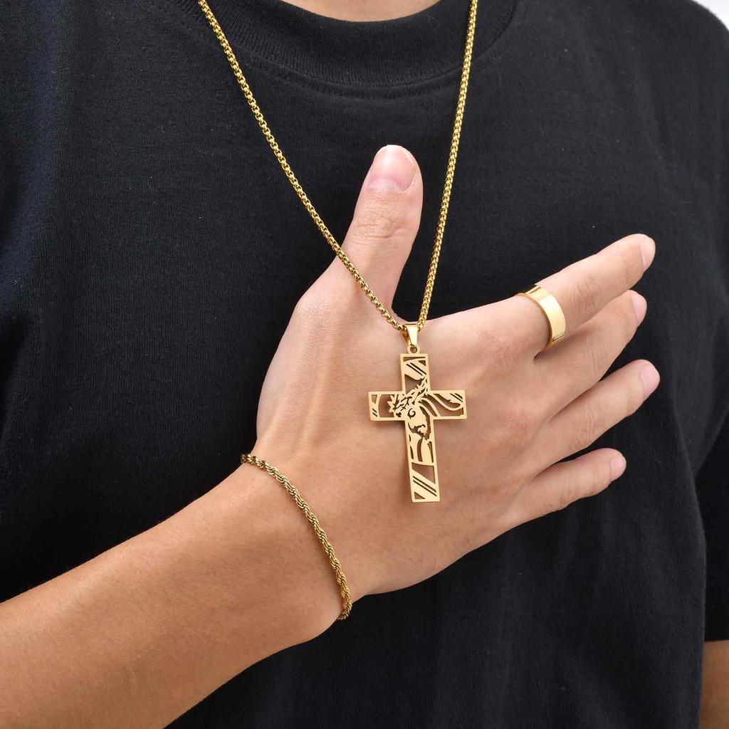 Vnox Men's Cross Hollow Pendant Necklaces Jewelry Set, Stainless Steel Necklace Rope Bracelet Open Size Ring Faith Prayer Set