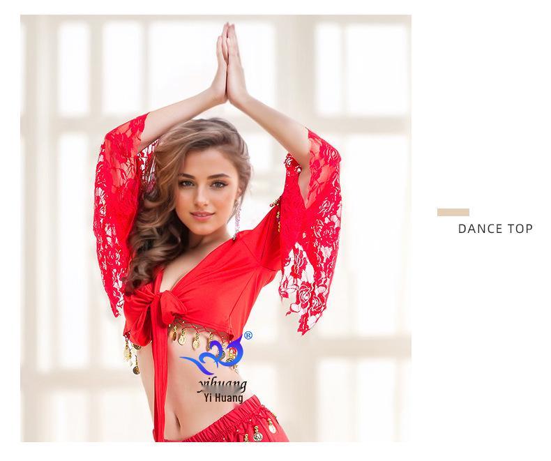 Belly Dance Lace Top with Flared Sleeves and Tassels for Performances