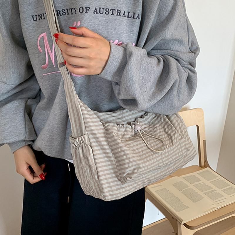 Korean Style Plaid Casual Shoulder Bag, Lightweight Checkered Crossbody Bag With Adjustable Strap, Cotton Quilted Fabric Handbag