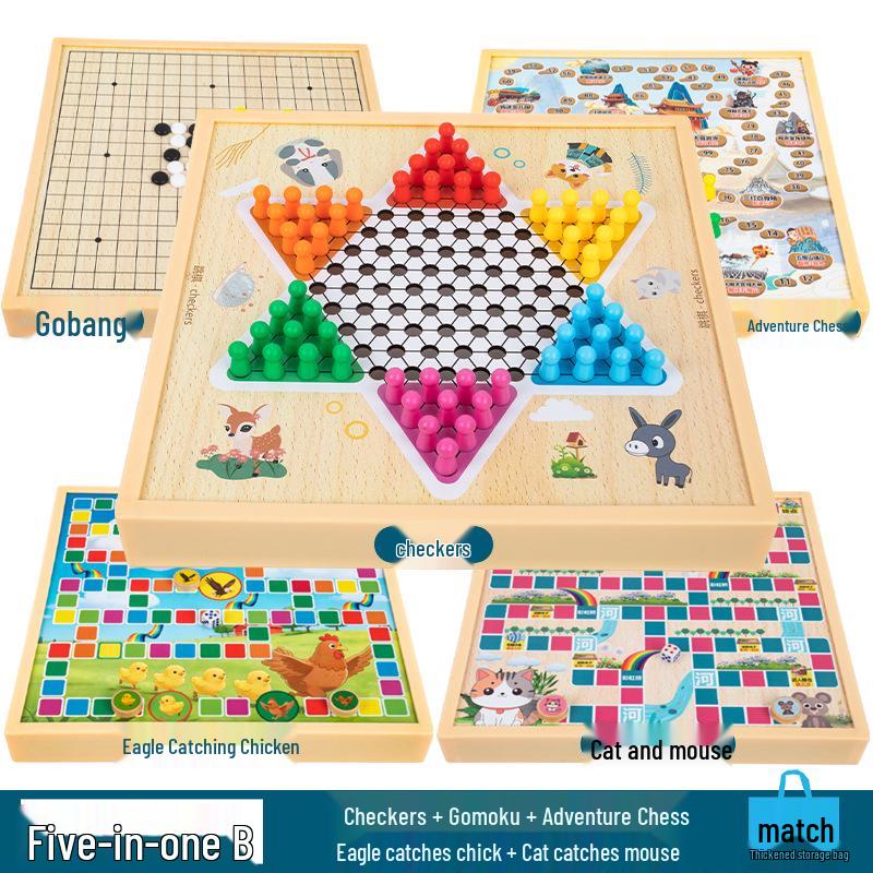 Multi-Board Game Set: Go-Moku, Checkers, Chinese Checkers, Chess, Animal Chess, Army Chess – Parent-Child Educational Toy