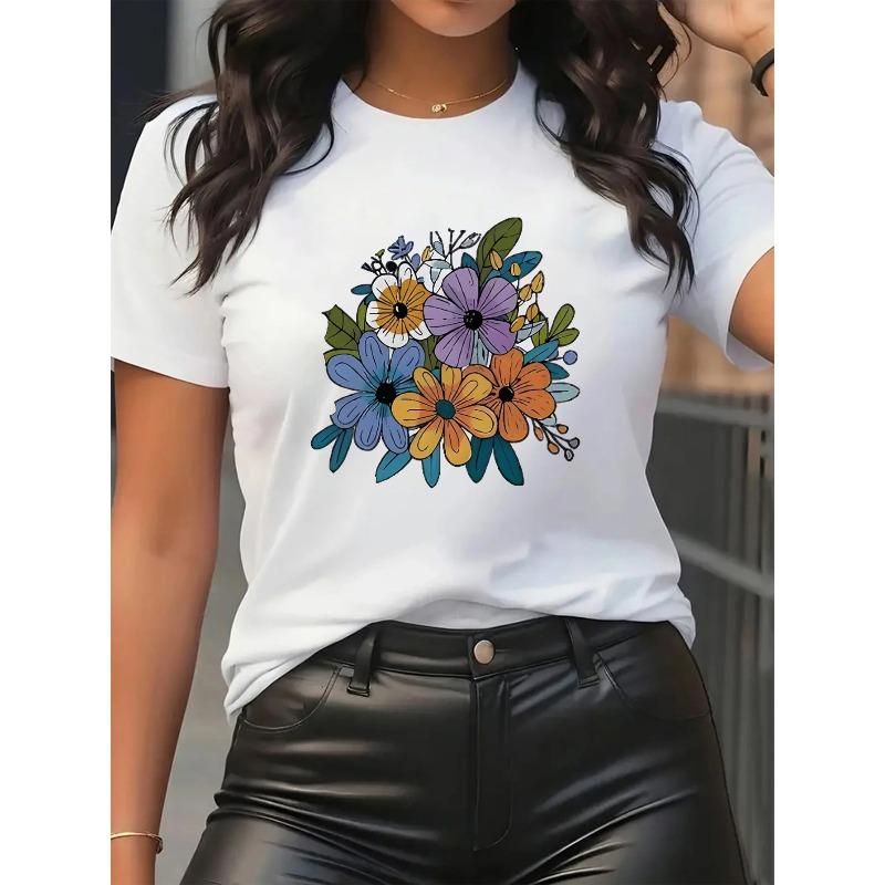 Womens Heart Print Round Neck Short Sleeve Casual Durable Daily Tee S белый