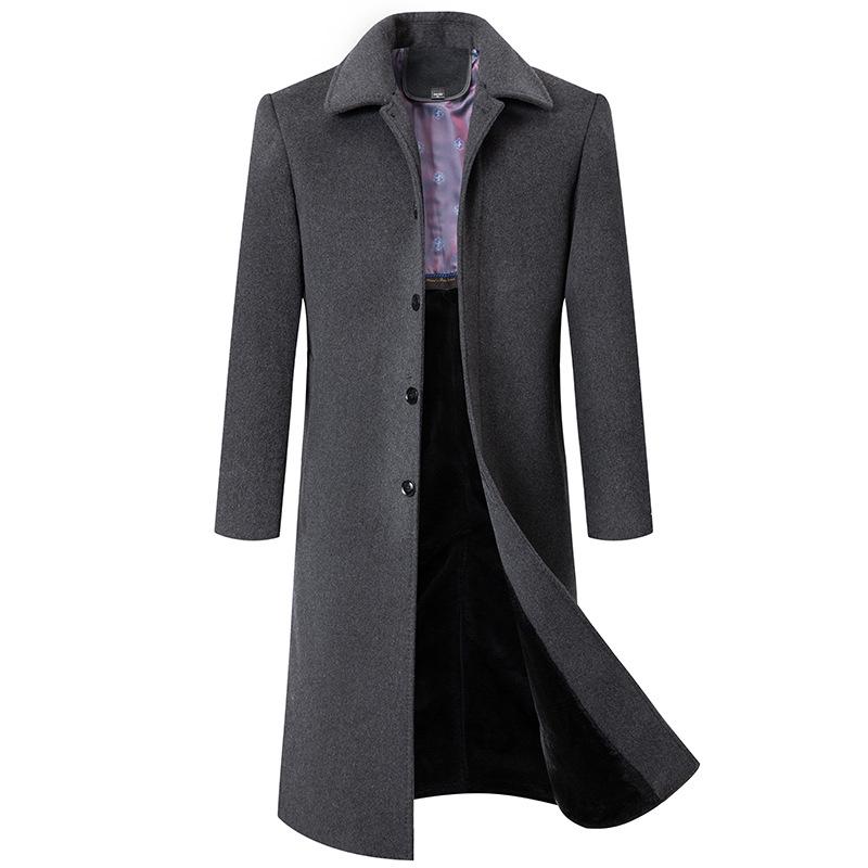 Men's Over-the-Knee Woolen Business Coat with Fleece Inner Layer, Autumn/Winter, Middle-Aged Style