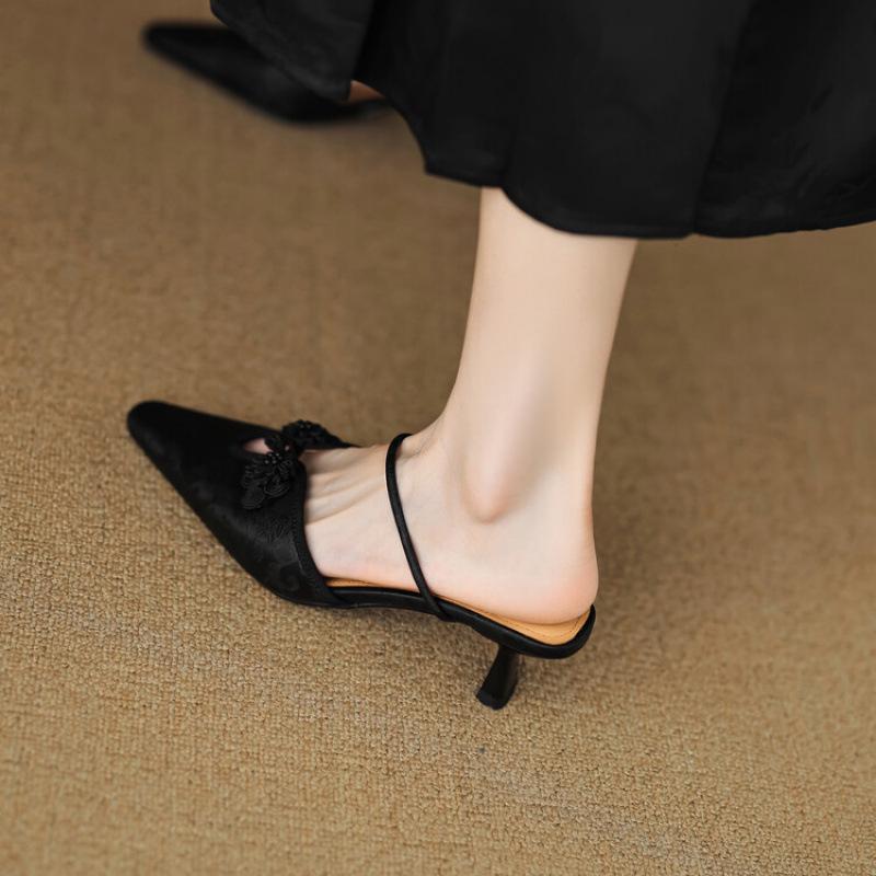 

Повседневные однотонные тапочки с закрытым носком, новые остроносые туфли на высоком каблуке, женские тапочки с мягкой подошвой из говяжьей кожи, удобные кожаные тапочки большого размера, крутые тапочки 40 чёрный