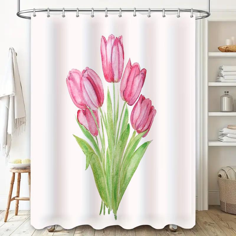 Floral Shower Curtain Botanical Tulip Flowers Pattern Bathroom Decor Waterproof Fabric Washable Modern Farmhouse Style Home