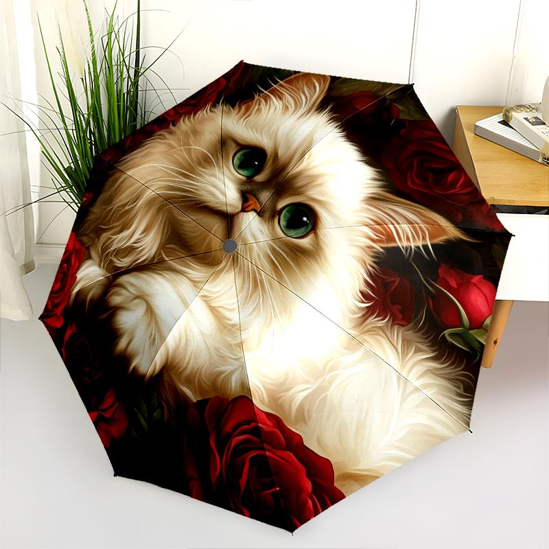 Rose and Persian Cat Pattern, Automatic Folding Umbrella, Portable and Foldable Design, 8 Ribs, a Christmas or Birthday Gift.