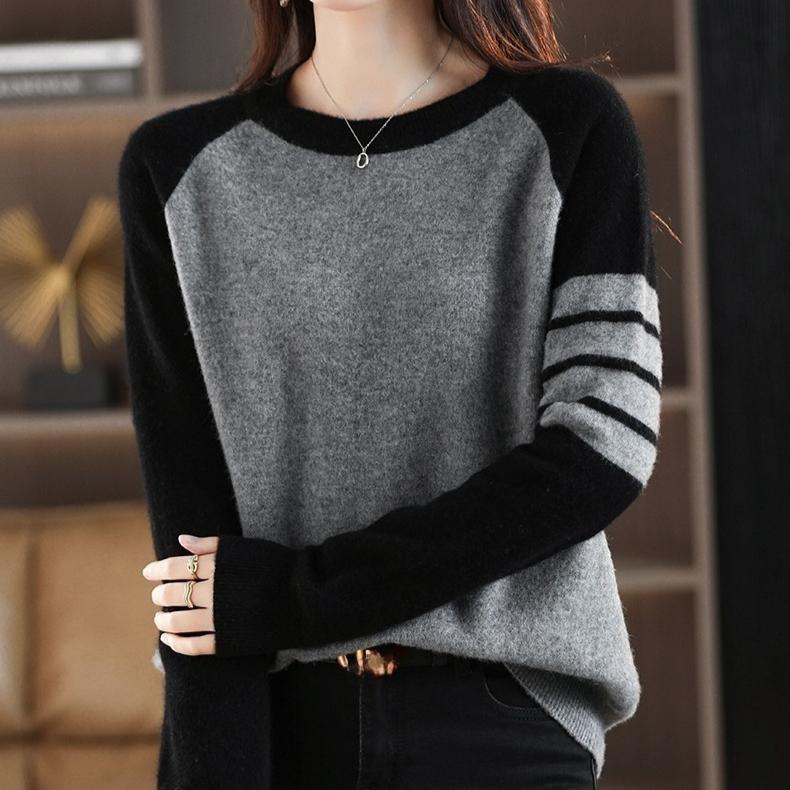Round-neck Color-blocked Sweater Women's Trendy Loose Knitted Sweater Casual Short Pullover Spring and Autumn
