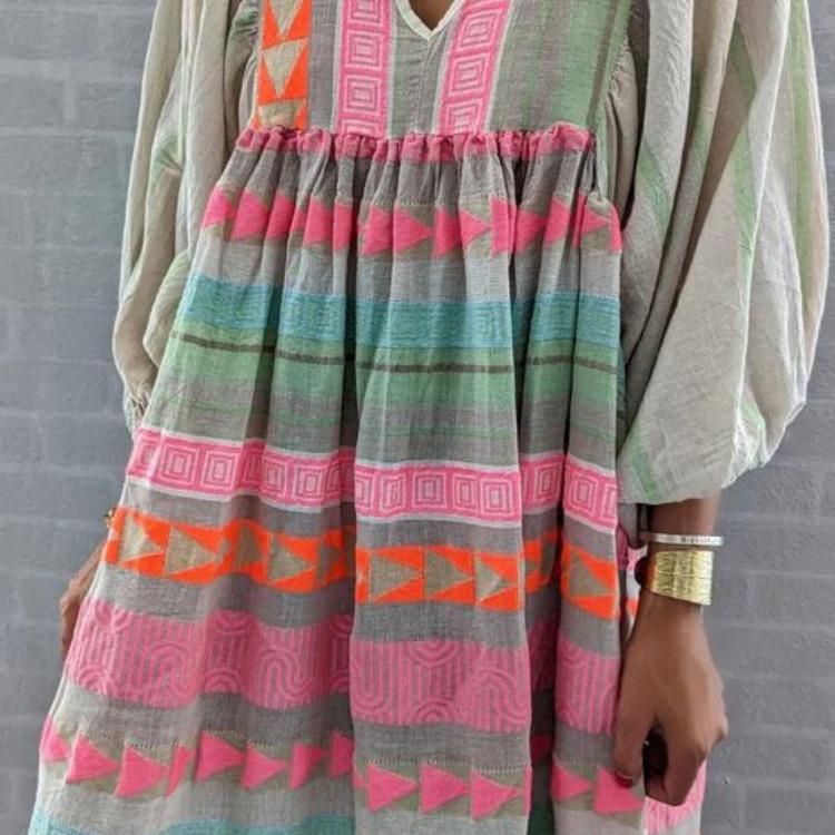Bohemian Spring Summer Women Casual Dress Geometric Print Maxi Dress with V Neck Lantern Sleeves Loose Female Clothes