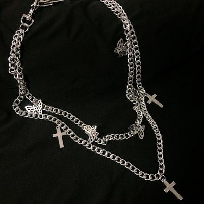 Cross Waist Chain Keychain Metal Punk Two Layer Butterfly Cross Necklace