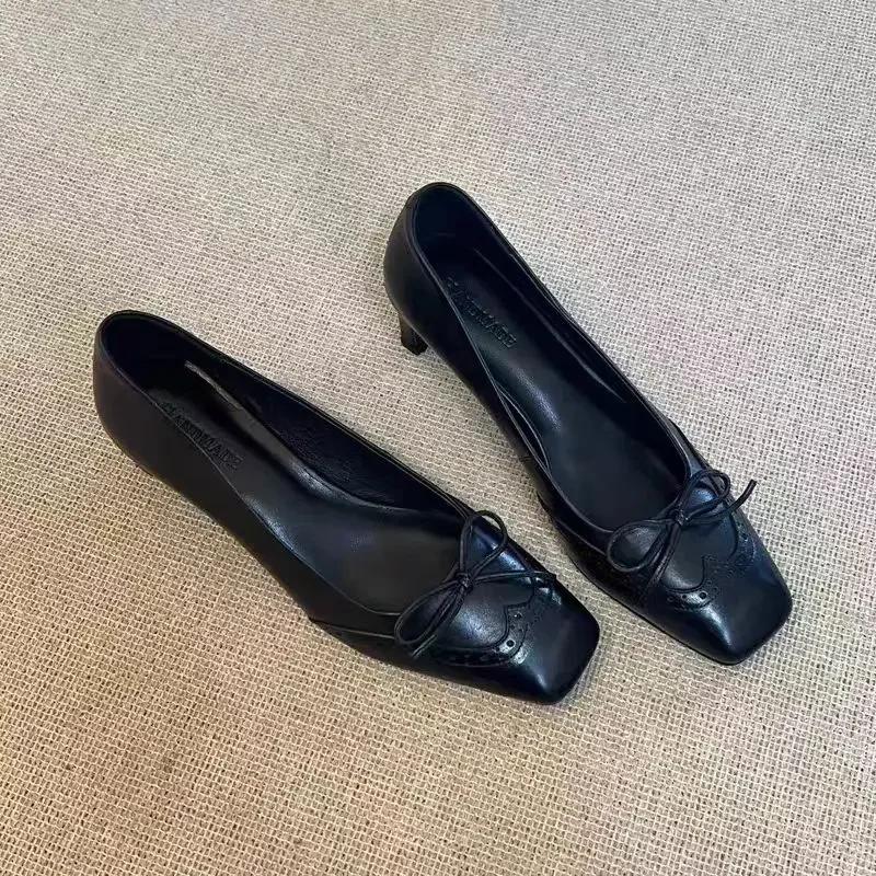 Fashion 2025Ballet High Heels Women Loafers Bow Square Toe Shoes Sandals Shallow Summer